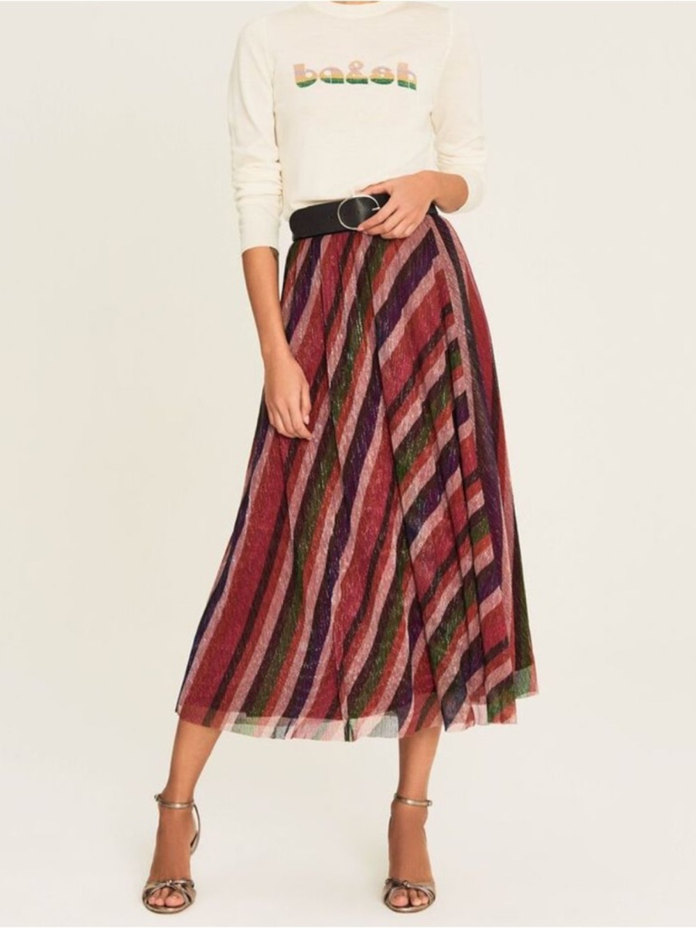 ba&sh Midnight Metallic Stripe Skirt Midi Length Size 3 or Large EUC